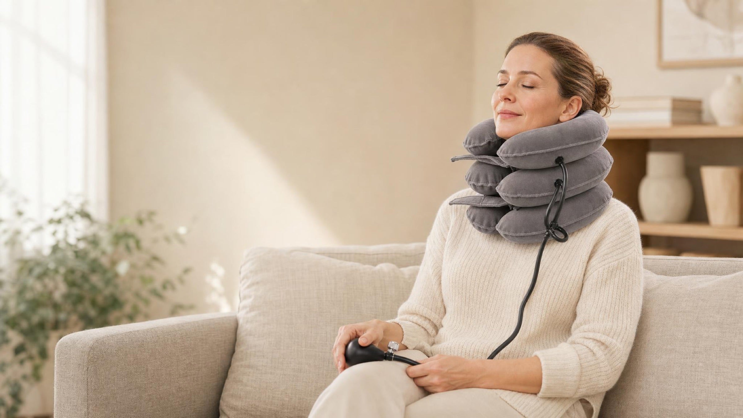 Mujer relajada en el sofá usando el collar cervical inflable