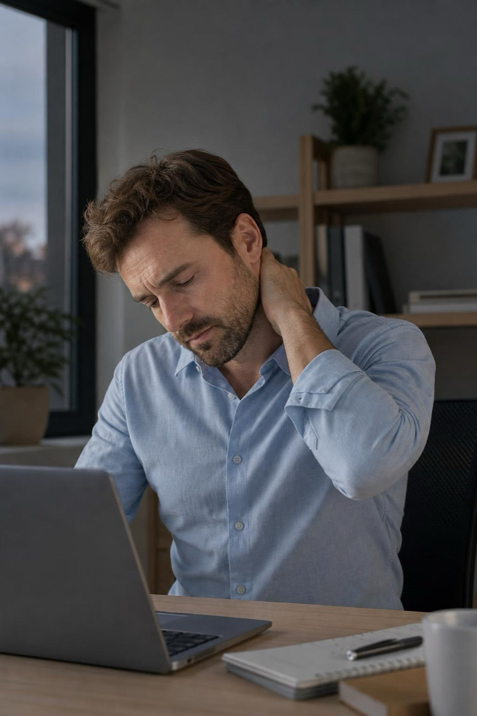 Hombre con dolor de cuello frente al portátil
