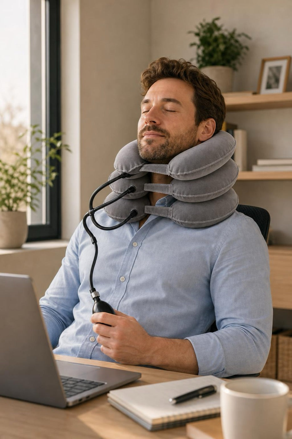 El mismo hombre relajado usando el collar cervical